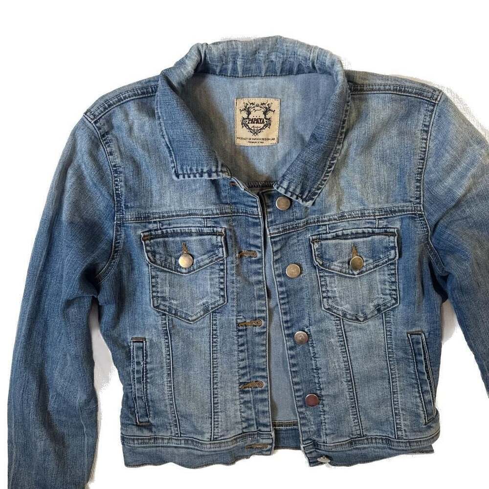 Papaya classic casual Distressed Blue Denim Jean Jacket M